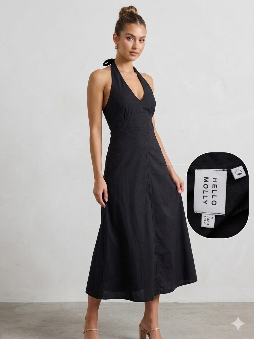 Hello Molly Black Halter Neck Midi Dress - Size S / US 4 - Cotton A-Line